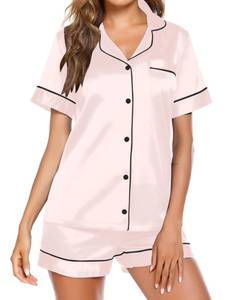 lot 84608 image: Ekouaer Satin Pajamas for Women Button Down Sleepwear Soft Silk Loungewear Short Sleeve Top and Shorts Pjs Champagne,Medium