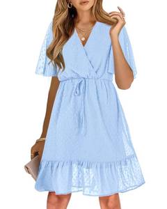 lot 84613 image: KIRUNDO Womens Summer Dresses 2024 Spring Casual Short Sleeve V Neck Ruffle Swiss Dot High Waist Flowy Mini Dress with Belt, Style2-light Blue, Medium