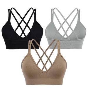 lot 84622 image: VEQKING Cross Back Sports Bra for Women Seamless Strappy Yoga Bra Low Cut Lightweight Wireless Removable Cups Wortout Gym 3 Pack Black