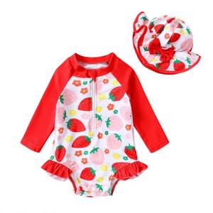 lot 84627 image: YOUNGER TREE Infant Baby Girl Swimsuit One-Piece Long Sleeve Rash Guard with Hat Set Floral Zipper Bathing Suit Leopard Beach Wear(Red#Strawberry,6-12 Months), Red#strawberry2
