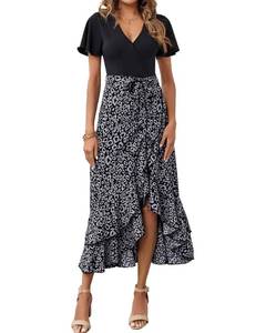 lot 84630 image: BTFBM Women Casual Boho Dresses 2024 Short Sleeve V Neck Leopard Tie Waist High Low Ruffle Long Flowy Cocktail Dress(Leopard Black Grey, X-Large)