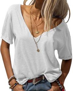 lot 84631 image: Danedvi Women Fashion Deep V-Neck Short Sleeve Tops Solid Casual Loose Basic T Shirt White