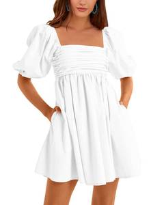 lot 84638 image: Ebifin Womens Square Neck Dresses Half Puff Sleeve High Waist A-Line Casual Backless Smocked Short Babydoll Mini Dress