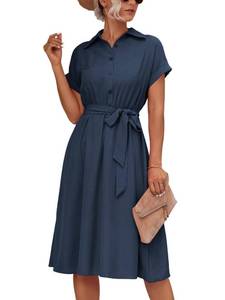 lot 84645 image: LYANER Womens Collar V Neck Button Front Tie Waist Short Sleeve Ruffle Hem Midi Dress Navy Blue Large