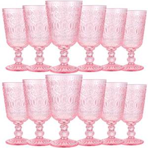 lot 84652 image: Wine Glasses Set of 12 Vintage Goblet 9 oz Vintage Colored Glass Goblet Beverage Stemmed Glass Cups Romantic Embossed Glassware for Wedding Party Holidays Anniversary (Pink)