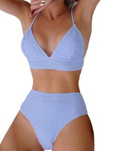 lot 84660 image: MakeMeChic Womens 2 Piece Bikini Sets Striped High Waisted Bathing Suit V Neck Spaghetti Strap Swimsuit Blue and White X-Large