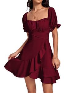 lot 84671 image: LYANER Womens Square Neck Ruffle Wrap Mini Dress Off Shoulder Flounce Short Sleeve A Line Flowy Dress Burgundy Medium