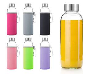 lot 84678 image: Glass Water Bottles 6 Pack With Sleeves and Stainless Steel Lids - 18oz Size - Leak Proof Caps, Reusable and Perfect For Travel and Storing Beverages Juice, Smoothies, Kombucha, Kefir, Tea