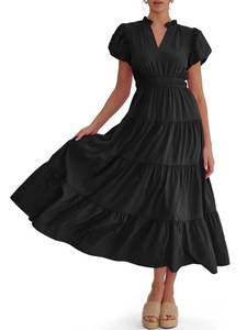 lot 84685 image: Wenrine Womens Summer Midi Dress Puff Short Sleeve V Neck Flowy Tiered Beach A-Line Dresses Black