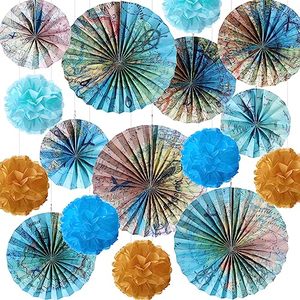 lot 84686 image: Outus 21 Pcs Travel The Map Hanging Paper Fans Decorations Adventure Awaits Bulletin Board Classroom Decorations Map Themed Tissue Paper Pom Poms for Kids Classroom Homeschool Office Decor