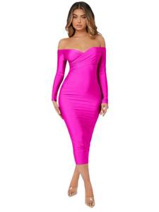 lot 84687 image: Floerns Womens Off Shoulder Long Sleeve Wrap Party Club Bodycon Long Dress Hot Pink M