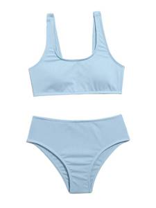 lot 84696 image: Milumia Girls 2 Piece Bathing Suit Solid Sport High Waist Bikini Set Swimsuit Dusty Blue 11-12 Years