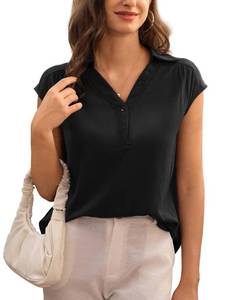 lot 84698 image: Short Sleeve Linen Tops for Women V Neck Business Casual Tops Dressy Cotton Polo Summer Shirts Office Work Tops Black XL