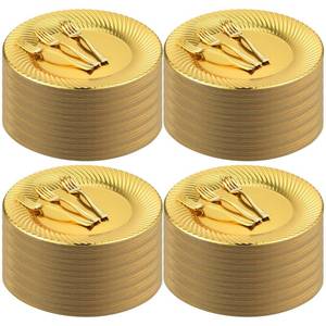 lot 84723 image: Zhehao 240 Pcs Gold Plastic Dessert Plates with Mini Forks for 120 Guests, Includes 120 Pcs 7 Disposable Cake Plates and 120 Pcs 3.9 Mini Dessert Forks for Wedding, Birthday Party, Mothers Day