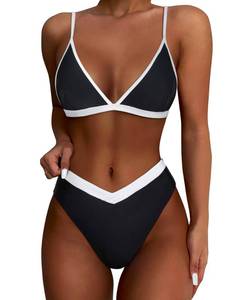 lot 84748 image: SUUKSESS Women Triangle High Cut Bikini Sets Sexy High Waisted Color Block Two Piece Swimsuits Push Up Bathing Suits(Black White,M)