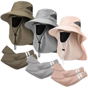 lot 84761 image: Berlune 6 Pcs Sun Hat Fishing Hats with Face Cover and Arm Sleeves Outdoor Hiking Hat UV Protection(Khaki, Army Green, Light Gray)