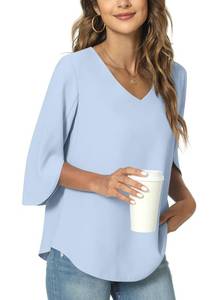 lot 84779 image: TAOHUADAO Womens 2024 Casual V-Neck Loose Tunic Top for Leggings 34 Sleeve Chiffon Blouse Shirt Tops Large, Light Blue