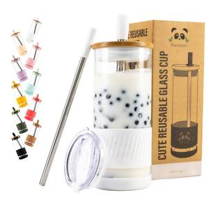 lot 84794 image: Pandaloo� Glass Cups With Lids and Straws -20 Fl Oz- Perfect Size Iced Coffee Cup - Smoothie Cup With Bamboo Lid and On the go Lid - Glass Tumbler With Straw (1 Count (Pack of 1), Coton White)