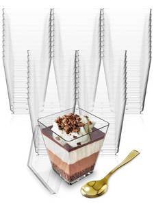 lot 84796 image: Mini Dessert Cups with Lids and Spoons (100 PACK) (Gold Spoons) - 5 oz Plastic Parfait Cups with Lids Reusable - Plastic Dessert Cups with Lids - Appetizer Cups - Clear Dessert Cups BPA Free Plastic