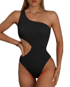 lot 84800 image: Limeeke Womens Cutout One Piece Swimsuit One Shoulder Swimwear Ribbed Monokini Bathing Suits Black S