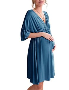 lot 84803 image: Ekouaer 3 in 1 LaborDeliveryHospital Gown Maternity Dress Nursing Nightgown Sleepwear for Breastfeeding V Neck Short Sleeve Nightshirt Sleeping Dress, Blue, Small
