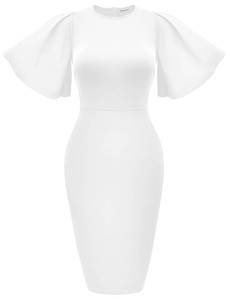 lot 84810 image: Memoriesea Womens Basic Bodycon Ruffle Flared Short Sleeve Pencil Midi Dress White