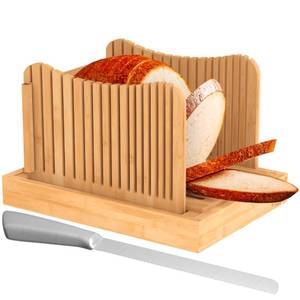 lot 84816 image: Bamboo Bread Slicer with Professional Bread Knife & Crumb Catcher Tray � Fully Adjustable for 3 Slice Thickness & Extra Tall Cutter Guide � Enjoy Homemade Bread Like Bagel, Sourdough, Cake