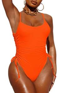 lot 84817 image: Pink Queen Womens Scoop Neck One Piece Swimsuit Ruched High Leg Tummy Control Bikini Bathing Suit Orange L