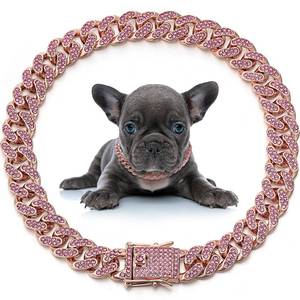 lot 84821 image: LEIFIDE Dog Chain Collar Diamond Link Dog Collar 12 mm Wide Dog Necklace Metal Cat Chain Pet Crystal Collar Jewelry Accessories for Small Medium Large Dogs Cats (Rose Gold, Pink,18 Inch)