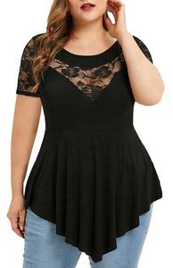 lot 84823 image: plus size summer tops for women 3X peplum top short sleeve lace flowy tunics for summer blouses shirts Black