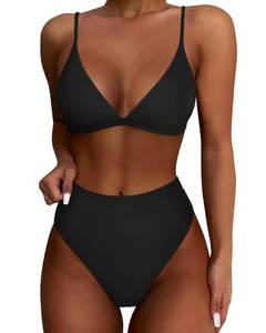 lot 84844 image: SUUKSESS Women High Waisted High Cut Bikini Sets Sexy Triangle Two Piece Swimsuits Push Up Bathing Suits (Black, M)