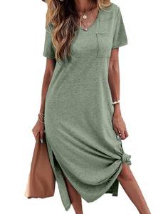 lot 84860 image: Dyexces Women Summer T Shirt Dress Casual Short Sleeve V Neck Maxi Dresses Loose Side Slit Long Tshirt Dress with Pockets Army Green