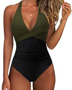 lot 84868 image: SUUKSESS Women Sexy Tummy Control One Piece Swimsuits Halter Push Up Monokini Bathing Suits (Green Black, M)
