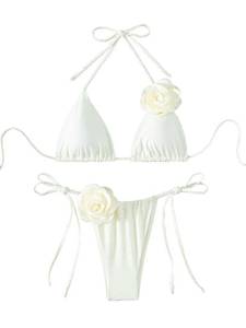lot 84879 image: Falainetee Womens Floral Appliques Cute Bathing Suit High Waisted Triangle Tie Side Swimsuit Bikini Set White XS