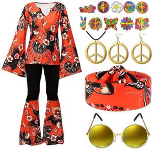 lot 84884 image: Jiuguva 17Pcs 60s 70s Outfits for Women Hippie Costume Set Disco Outfit Dress Boho Flared Pants Hippie Shirt Headband (Retro Style,XX-Large) Multi