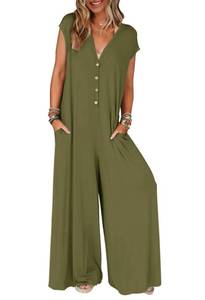 lot 84888 image: MEROKEETY Womens Short Sleeve One Piece Jumpsuit Casual Wide Leg Pants Overalls with Pockets,Olive,L