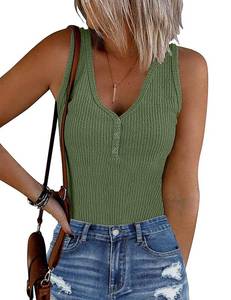 lot 84891 image: MEROKEETY Womens 2024 Ribbed Button V Neck Bodysuits Sleeveless Slim Fit Knit Body Suits Green S