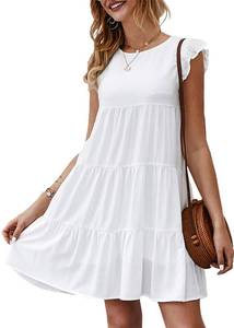 lot 84899 image: KIRUNDO Sun Dresses for Women 2024 Casual White Graduation Dress Sleeveless Ruffle Sleeve Beach Vacation Dress Round Neck Loose Flowy Pleated Mini Babydoll Dress, White, Small