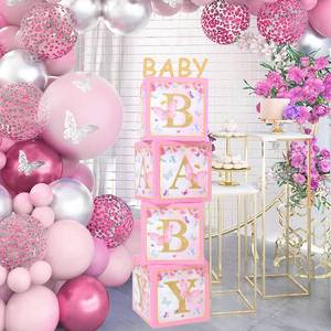 lot 84903 image: Pink Butterfly Baby Shower Boxes Decorations - 4 Pink Balloons Boxes with BABY Letters, Printed Letters,First Birthday Centerpiece Decor, Baby Blocks for Boy or Girl, Gender Reveal Backdrop
