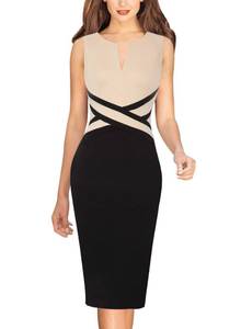 lot 84909 image: VFSHOW Womens Beige and Black Colorblock Patchwork Slim Zipper Up Work Business Office Party Bodycon Pencil Sheath Dress 6192 APT XL