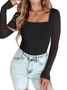 lot 84928 image: PINKMSTYLE Womens Mesh Square Neck Bodysuit Shapewear Long Sleeve Tops Sexy Country Concert Outfits Black XX-Large