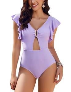 lot 85950 image: AIMAGE Womens One Piece Swimsuit Tummy Control Cutout Ruffle Bathing Suits 2024 Swimming Suit, Purple L