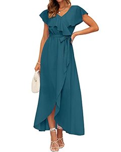 lot 85958 image: BTFBM Womens Summer Chiffon Maxi Dresses Deep V Neck Ruffle Short Sleeve Beach Party Cocktail Flowy Wrap Dress with Belt(Solid Dark Blue, Small)