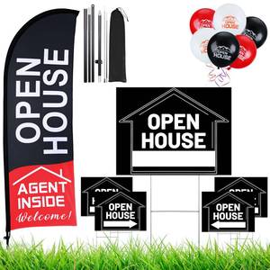 lot 85963 image: Buryeah Open House Signs Set (36 Pcs Total), 1 Pack Open House Flag with Pole Kit, 5 Pack Double Sided Open House Directional Arrows Signs with Metal Stakes and 30 Open House Balloons (Black)