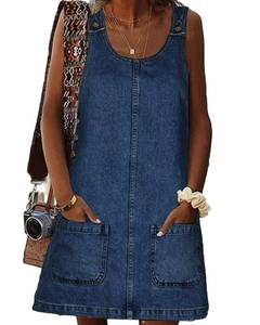 lot 85964 image: BZB Womens Sleeveless Casual Denim Dress Crewneck Vintage Overall Mini Dress with Pockets (Navy Blue, Medium)