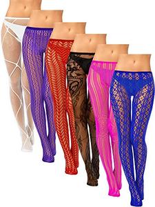 lot 85975 image: Skylety 6 Pairs Women Fishnet Suspender Pantyhose Thigh High Stockings Plus Size Patterned Tights for Halloween Dress (Multiple Color,Large-X-Large)