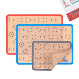 lot 85979 image: Silicone Baking Mat Macaron - Set of 3 (2 Half Sheet Liners and 1 Quarter Sheet), Non Stick Silicon Cookie Oven Liner For Macaroons, Bake Pans, Pizza, Toaster, Cake and Bread Making (Red,Blue,Gray)
