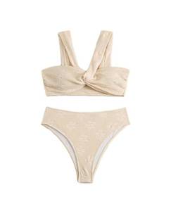 lot 85988 image: Falainetee Womens High Waisted Bathing Suit Floral Jacquard Twist Criss Cross Swimsuit Bikini Set 2 Piece Beige L