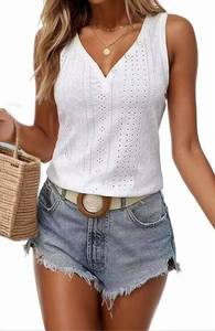 lot 85990 image: Button Embroidered Eyelet Tank Top Women Summer Tops Casual Country V Neck Tee Shirts Sleeveless Fashion Loose Blouse(Medium,White)