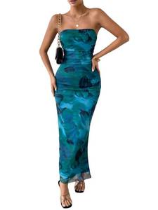 lot 85991 image: Milumia Womens Printed Strapless Tube Top Long Dress Slit Hem Sleeveless Bodycon Maxi Dresses Blue Medium